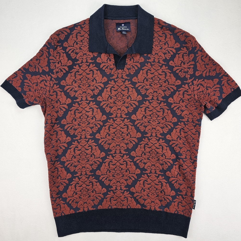 Ben Sherman Men's Polo Shirt Small Knit Textured Stretch Navy Sonoma Red NWT